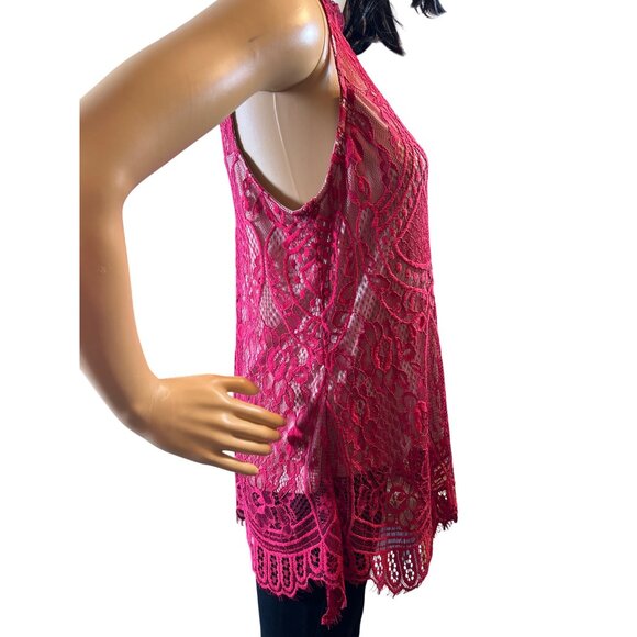 Love Fire Womens Sleeveless Lace Blouse Size L Red Sheer Romantic Boho - Picture 3 of 10